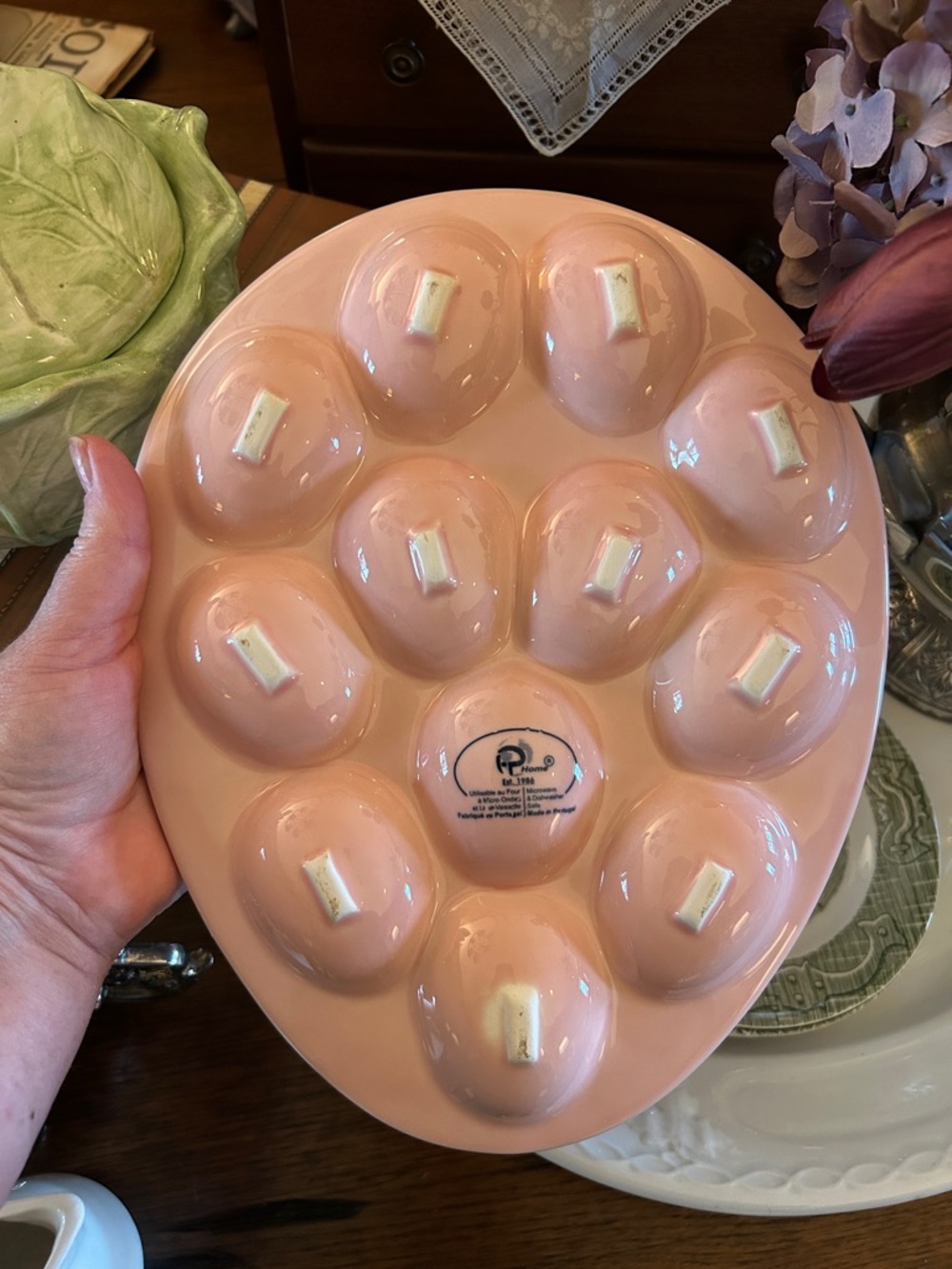 Pink Ceramic Deviled Egg Plate Made in Portugal - Picture 3 of 5